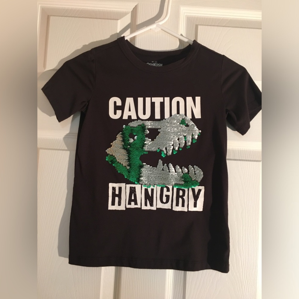 Caution Hangry Reversible Sequin Dino Tee OshKosh B'gosh Short Sleeve T-Shirt - Picture 3 of 6